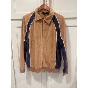 John Blair Fine Menswear VTG track  Jacket Tan Navy White Velour Zip Up Medium